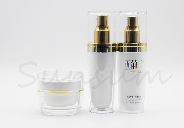 Luxurious Acrylic Cosmetic Double Wall Jar Lotion Cosmetic Golden Pump Bottle