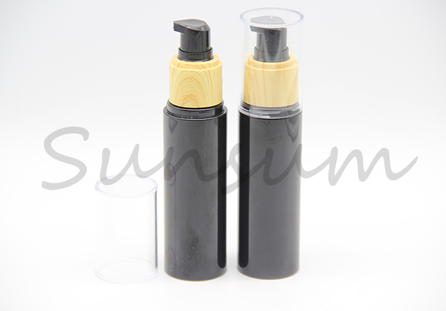 Black Color Container Wooden Pump Spray Lotion Bottle