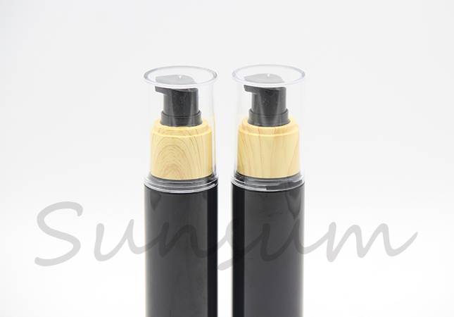 Black Color Container Wooden Pump Spray Lotion Bottle
