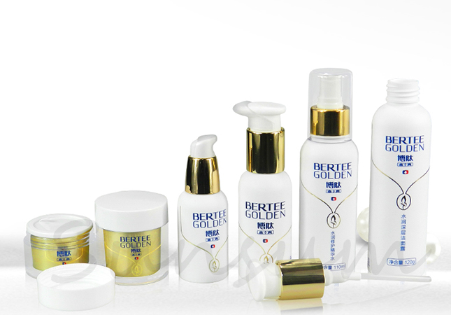Set Cosmetic Pot White Color Packaging Golden Pump Bottle