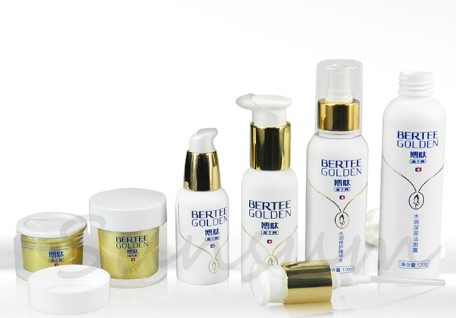 Set Cosmetic Pot White Color Packaging Golden Pump Bottle