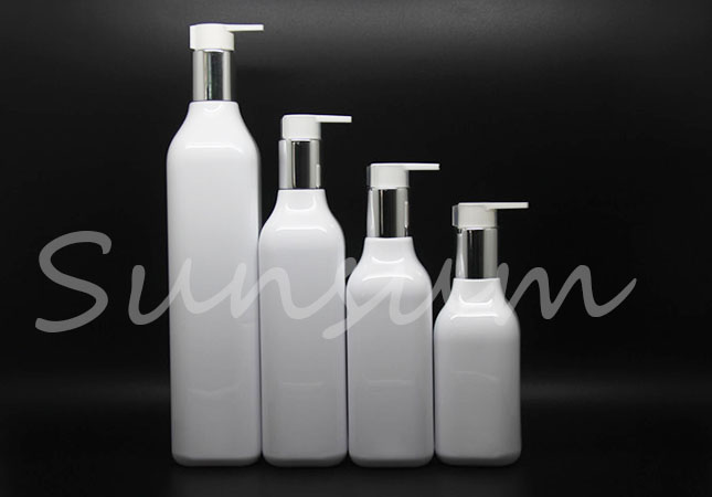 Set Plastic Shower Gel Cosmetic Silver Pump Shampoo Long Neck Square Bottle 