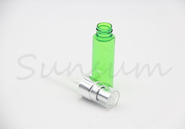 Transparent Green Color Cosmetic Lotion Pump Spray Silver Bottle with 30ml