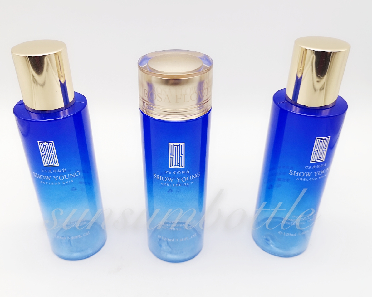 Blue toner bottle with golden lid