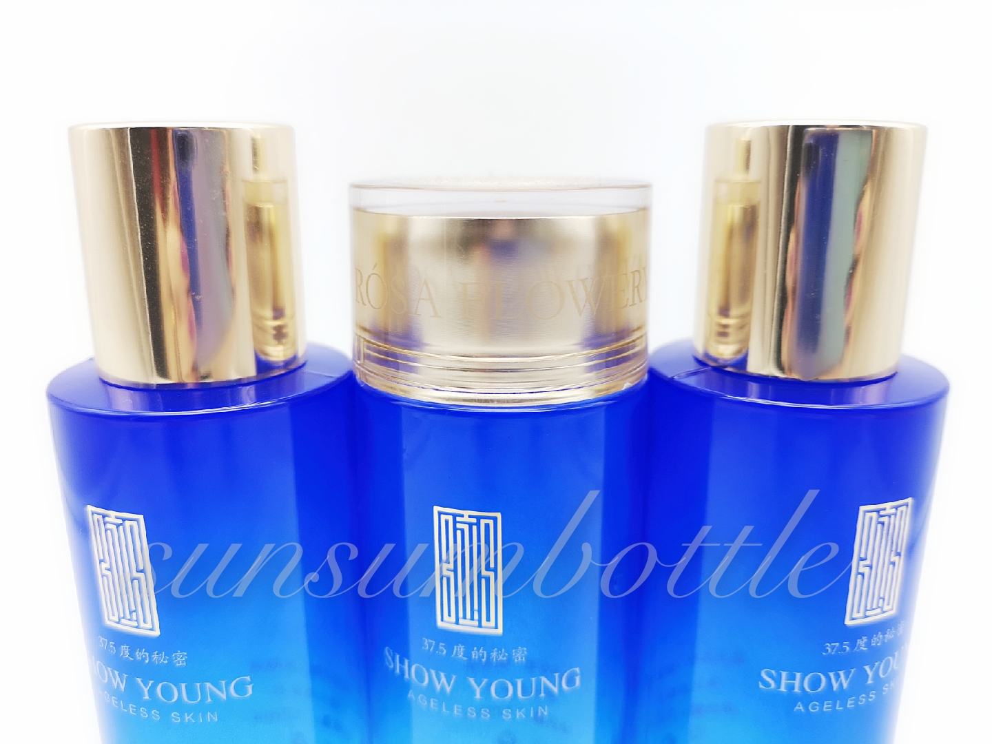 Blue toner bottle with golden lid