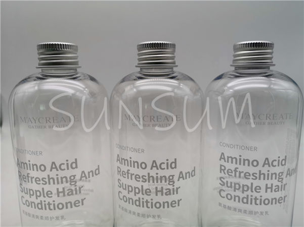 300ml transparent PET screen printing shampoo bottle with aluminum cap 