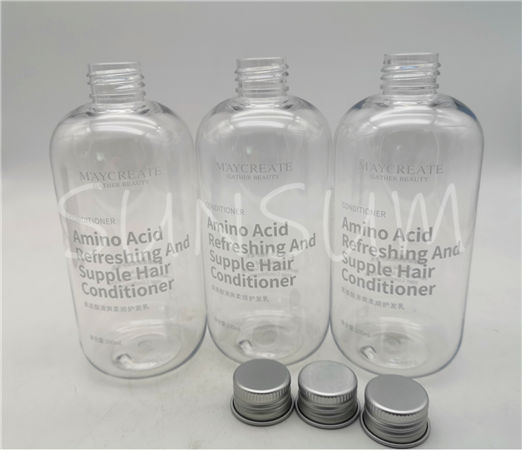 300ml transparent PET screen printing shampoo bottle with aluminum cap 