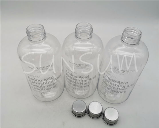 300ml transparent PET screen printing shampoo bottle with aluminum cap 