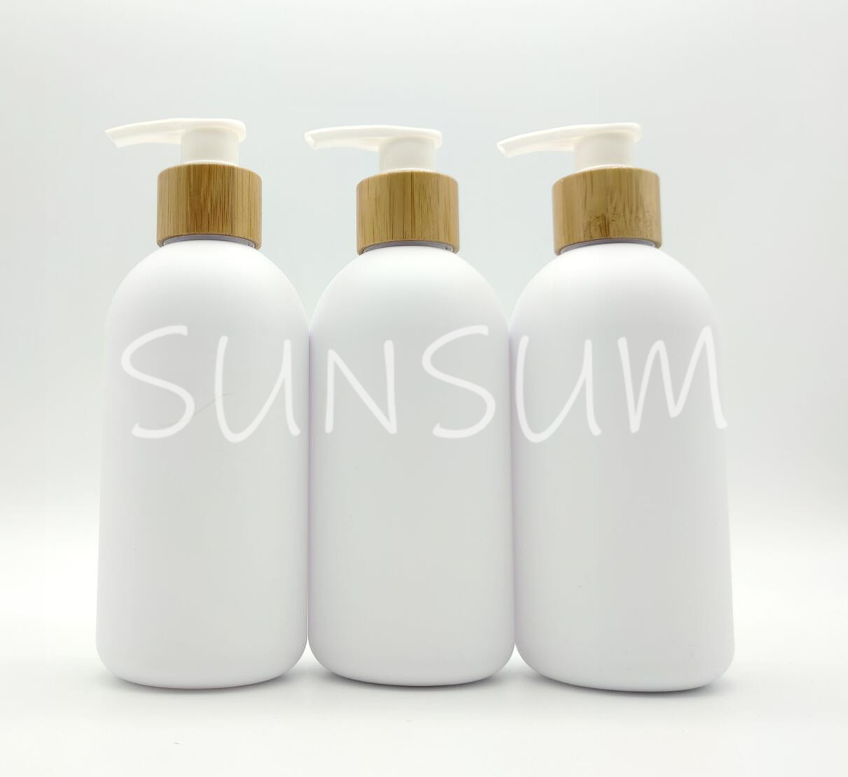 300ml white matte bottle with bamboo wood pump in stock