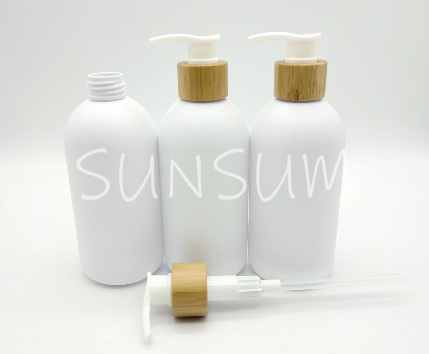 300ml white matte bottle with bamboo wood pump in stock