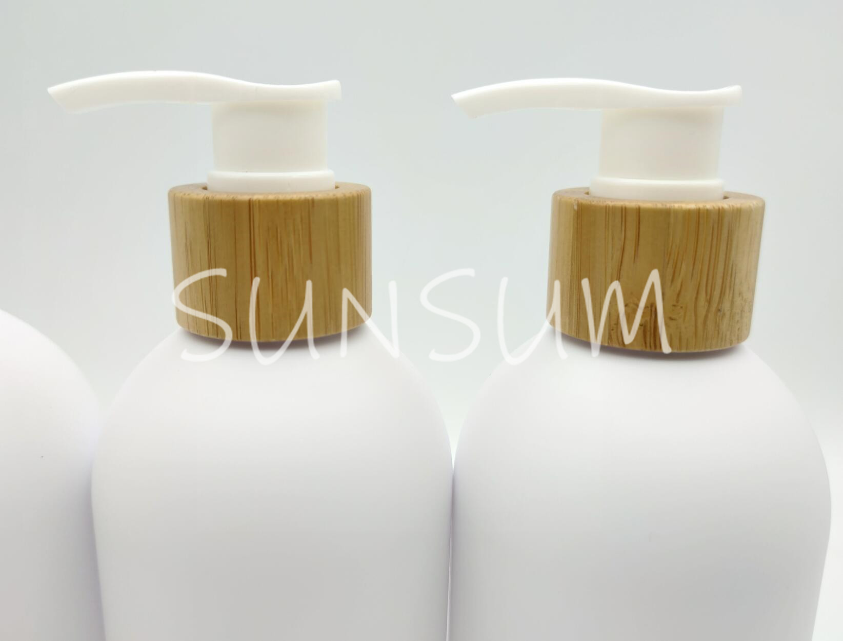 300ml white matte bottle with bamboo wood pump in stock