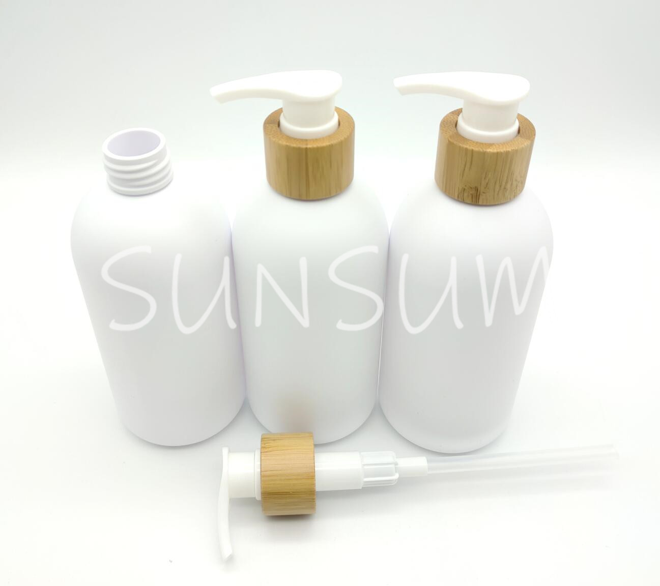 300ml white matte bottle with bamboo wood pump in stock
